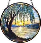 TNUW Willow Tree Stained Glass Window Hanging, Nature Sunset Weeping Willow Tree Sun Catchers Indoor Window Glass Round Wall Art Decor, Nature Landscape Wall Hanging Decorations, 7.9＂x7.9＂