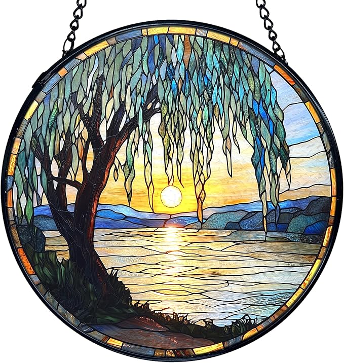 TNUW Willow Tree Stained Glass Window Hanging, Nature Sunset Weeping Willow Tree Sun Catchers Indoor Window Glass Round Wall Art Decor, Nature Landscape Wall Hanging Decorations, 7.9＂x7.9＂