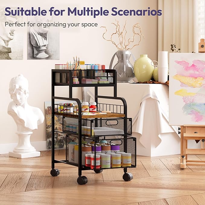 SWTYMIKI Rolling Cart with Drawers - Metal Utility Cart with Wood Shelf, DIY Divider and Locking Wheels, Craft & Art Cart Organizer for Under Desk Storage for Home Office Studio, Black
