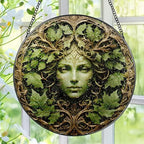 Green Man Stained Glass Suncatcher, Stained Glass Window Hanging, 8 Inch Window Decor Hanging, Gift for Garden Lovers, Mothers Day Birthday Gifts for Mom Grandma Women Sister Wife Lady Lover