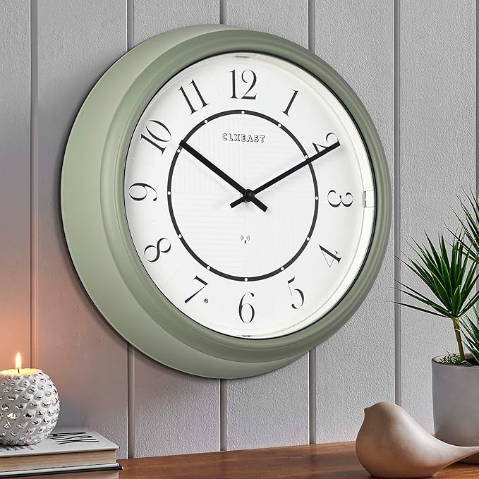 CLXEAST 14" LED Illuminated in/Outdoor Atomic Analog Wall Clock with Night Light,Coastal Beach Nautical Wall Clocks for Living Room Decor, Olive Sage Green Decor