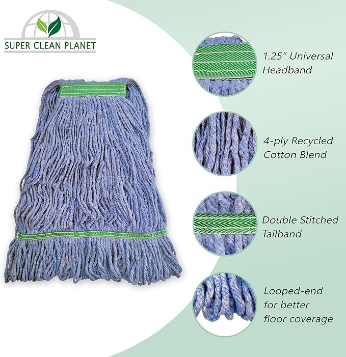 Super Clean Planet Heavy Duty Mop Head Refill (6-Pack) – Industrial Blue Cotton, Looped-End Wet Mop Heads for General, Commercial, Janitorial & Floor Cleaning