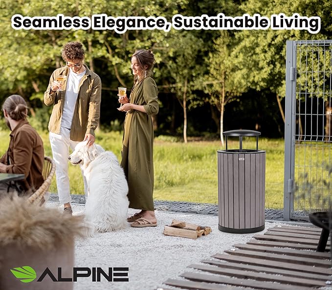 Alpine 32 Gallon Commercial Outdoor Trash Can - Heavy Duty Garbage Can Outdoor, Industrial Trash Can with Plastic Panels for Patio, Parks, Trails & Resorts (Rain Bonnet Lid - Grey)