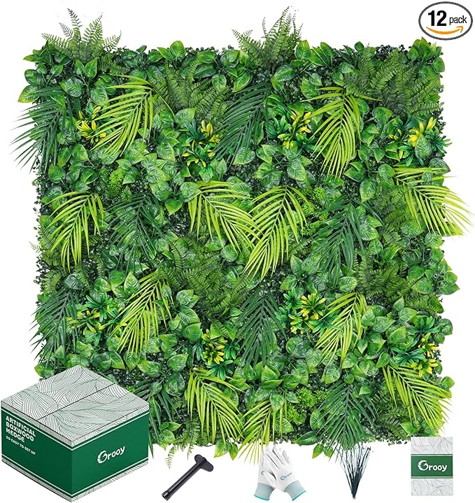20"X20" Artificial Grass Wall, 12PCS Boxwood Hedge Panels UV-Protected Greenery Privacy Hedge Screen, Grass Backdrop Wall for Indoor Outdoor Patio Balcony, Party Garden Fence Decor