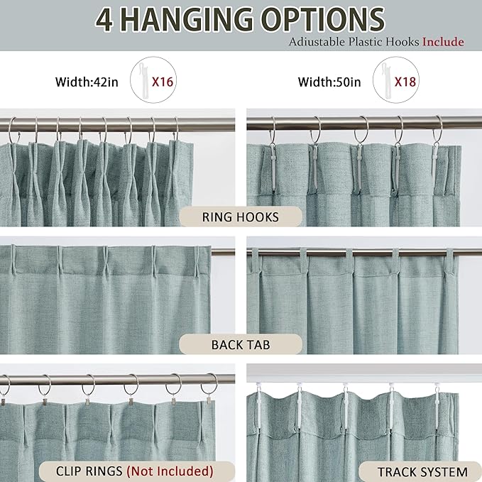 Light Blue Linen Pinch Pleat Curtains 108 Inches Long Pleated Semi Sheer Textured Drapes Hooks Back Tab Coastal Modern Light Filtering Curtain 2 Panels for Living Room Bedroom Office 42x108