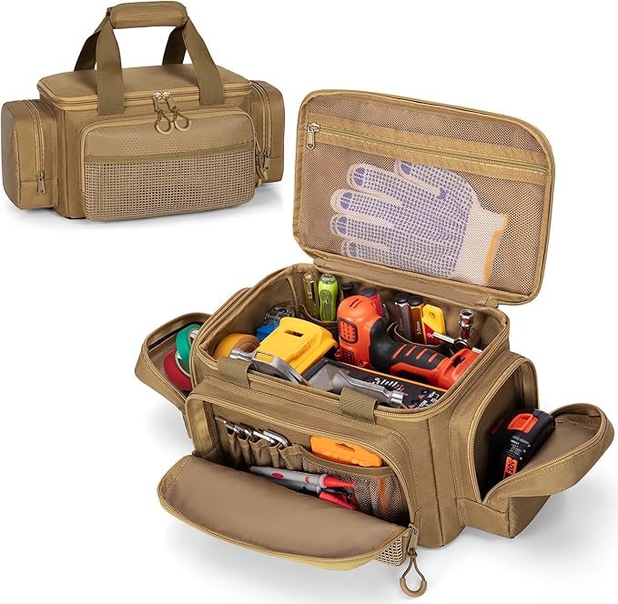 Small Tool Bag with Anti-friction Bottom, Tactical 12" Tool Tote for Men, Hand Tool Storage Organizer for Electrician, Repairman and Carpenters, Khaki
