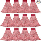 ONESIMUS 30 oz Pack of 12 Cleaning Heavy Duty Industrial Commercial Grade Looped-End Mop Head Replacement,6'' Headband Cotton String Wet Mop Head Refills,Machine Washable Red Mop