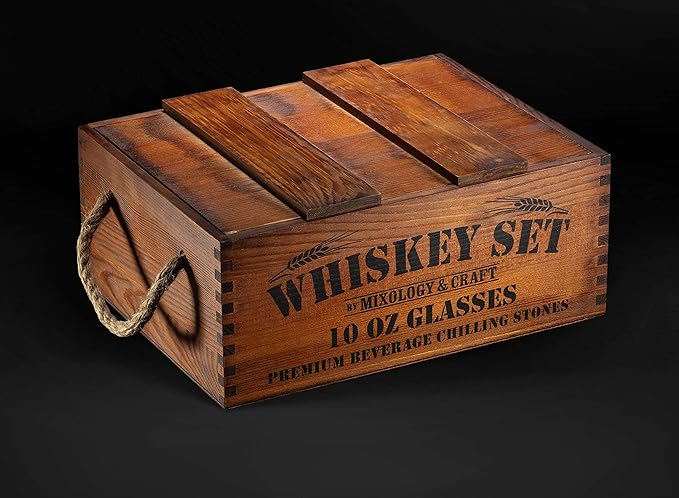 Mixology & Craft Premium Whiskey Set | Two 10oz Cystal Old-Fashioned Glasses, 8 Granite Chilling Stones, Metal Tongs, Recipe Cards in Rustic Wooden Crate Gift Set | Jameson Whiskey