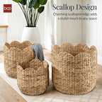 Best Choice Products 3pc Water Hyacinth Scalloped Multipurpose Nesting Baskets, Storage Bin Organization Totes for Living Room, Bedroom, Nursery, Laundry Room - Natural