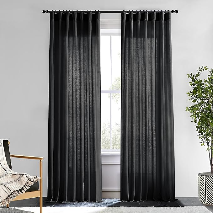 XTMYI Black Curtains 96 Inches Long for Bedroom 2 Panels Linen Sheer Lace Farmhouse Boho Gothic Curtain Drapes for Living Room Home Decor