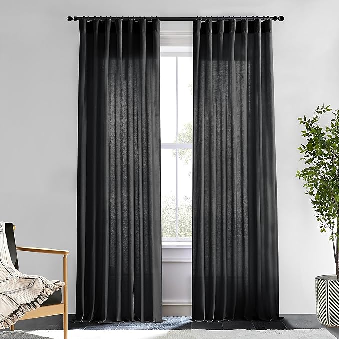 XTMYI Black Sheer Curtains 84 Inches Long for Bedroom Linen Back Tab Pleated No Grommets Semi Privacy Light Filtering Boho Window Drapes for Living Room,84 Length 2 Panels Set