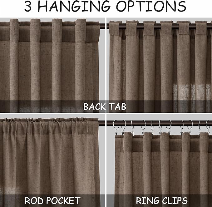 Extra Long Curtains 2 Panels 102 Inches Long for Living Room Light Brown Back Tab Rod Pocket Light Filtering Semi Sheer Drapes Cotton Linen Textured Window Curtain 102 Inch Length for Bedroom 9 FT