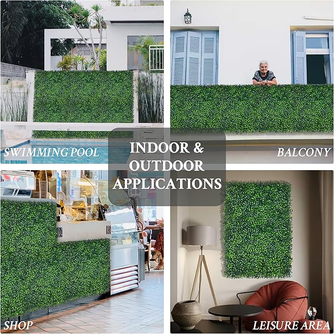 Artificial Grass Wall Panel,10"x 10"(12P) 4-Layer Leaf UV-Anti Greenery Faux Boxwood for Indoor,Outdoor Patio Balcony Privacy & Ivy Fence Covering Privacy, Garden, Backyard Wall Backdrop Decor