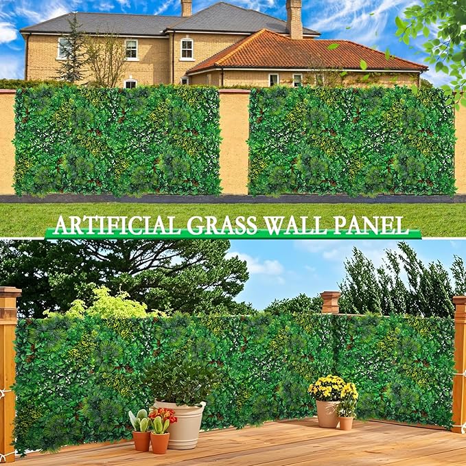 Artificial Grass Wall Panels, 20''x20'' 16pcs Boxwood Wall Panels with Tropical Leaves, Faux Greenery Privacy Fence Screen, Grass Backdrop for Outdoor Indoor Garden Birthday Wedding Decor