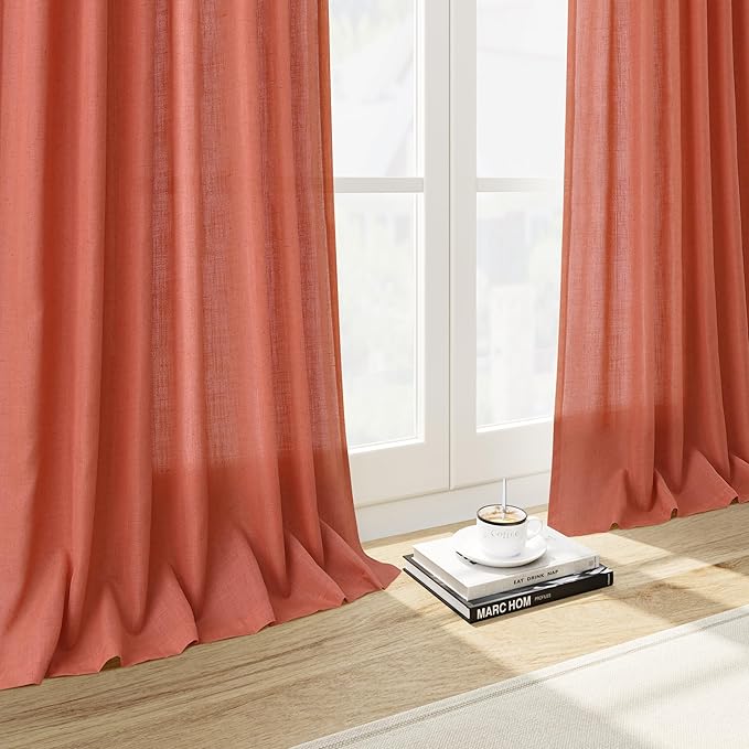 Coral Semi Sheer Linen Blend Curtains 108 Inches Long 2 Panels Set Back Tab Loop Pocket Light Filtering Boho Large Window Decor Extra Long Drapes for High Ceiling Living Room 52x108