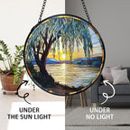 TNUW Willow Tree Stained Glass Window Hanging, Nature Sunset Weeping Willow Tree Sun Catchers Indoor Window Glass Round Wall Art Decor, Nature Landscape Wall Hanging Decorations, 7.9＂x7.9＂
