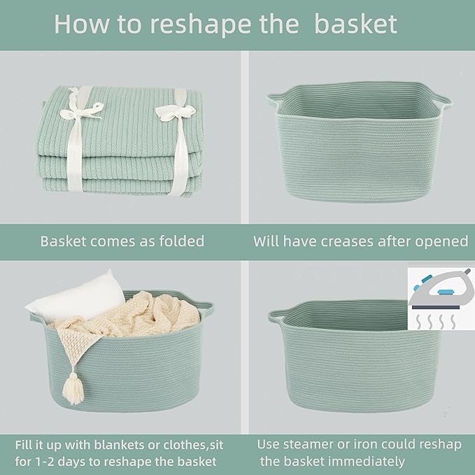 Large Rectangle Blankets Basket Living Room 22"x17"x12" Woven Cotton Rope Storage Baskets for Nursery Toy Baskets for Kids and Dogs Wicker Laundry Basket Bin for Clothes Towels green