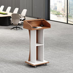 Mobile Wooden Podium Stand with Lockable Wheels Modern Presentation Blockboard Lectern Black Walnut Color with Storage Shelves for Office, Church, Classroom, Conference Room