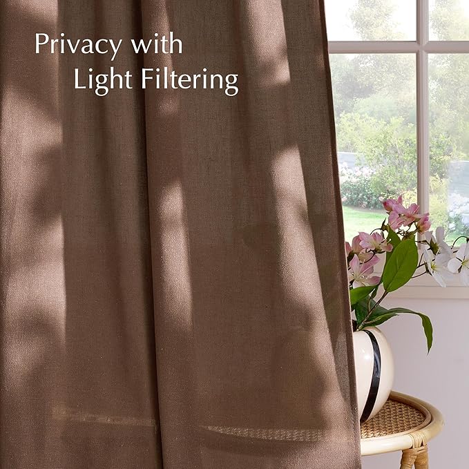 NICETOWN Thick Linen Semi Sheer Gold Brown Curtains for Living Room, Pleat Tape Semi Sheer Drapes Privacy Added with Light Filtering Window Treatments for Bedroom, W52 x L84, 2 Panels