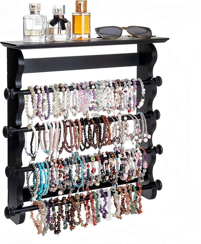 4-Tier Wall-Mounted Wooden Bracelet Holder – Black Jewelry Display with Storage Shelf, Hanging Organizer for Bracelets, Bangles, Watches, Necklaces & Accessories – Space-Saving Jewelry Rack for Home