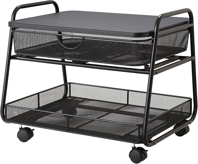Safco 5208BL Onyx Under-Desk Rolling Machine Stand, Black, 21"W x 16"D x 17.5"H for Printer and Fax Machines With Basket and Drawer Storage. Perfect for Home, Office and Classrooms