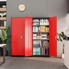 Superday Metal Storage Cabinet with Lock, 72" H Garage Storage Cabinet with Doors and 4 Adjustable Shelves,Black Red Steel Locking Cabinets for Office, Home, Garage, Gym, School