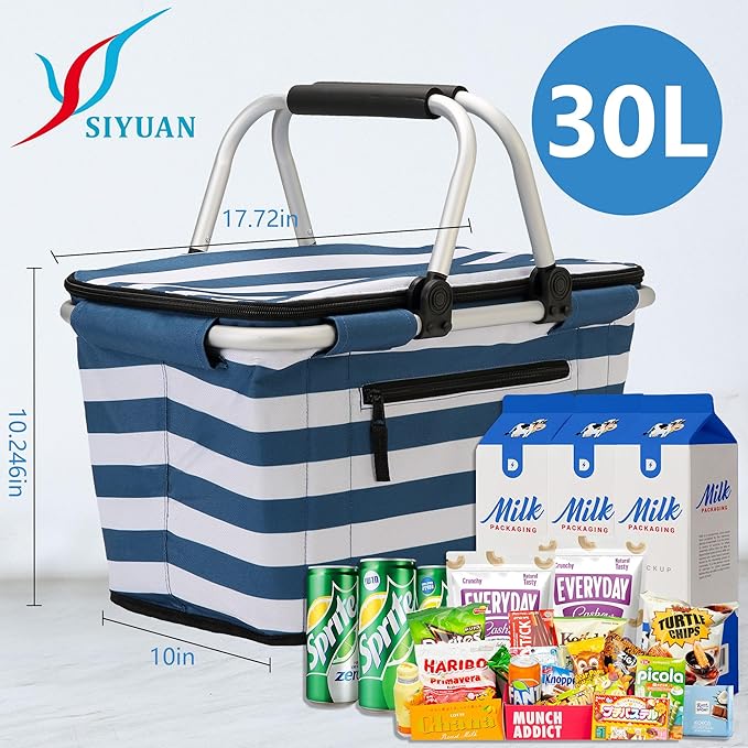 SIYUAN Picnic Basket with Handles 30L Large Stripped Insulated Cooler Leakproof Grocery Shopping Market Tote for Family Blue White