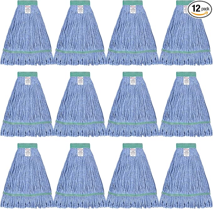 Onesimus 24 oz Mop Head Replacement, Industrial Mops for Floor Cleaning Heavy Duty 4-Ply Cotton Blend Looped End Wet Mop Refills 1.25 in Universal Headband, X-Large Blue, Case Pack 12 Pcs