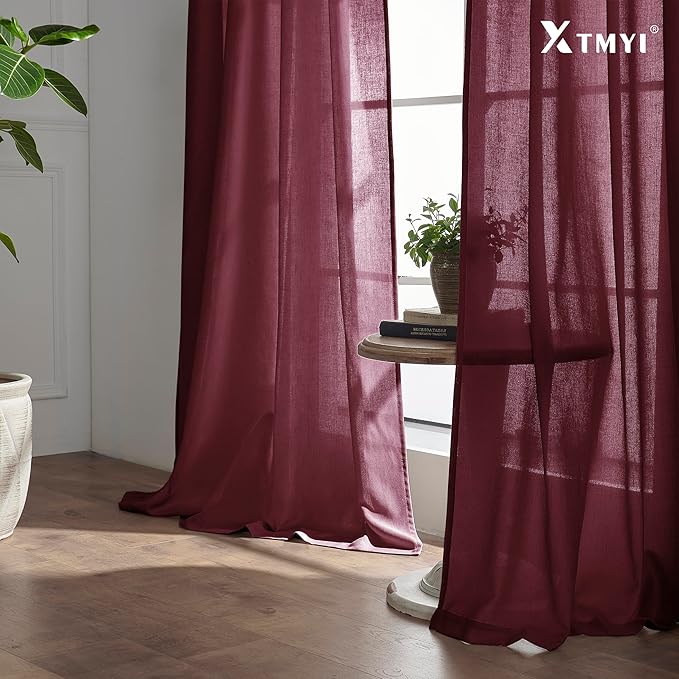Maroon Wine Red Curtains 96 Inches Long for Living Room 2 Panels Set Linen Hooks Track Solid Regular Xmas Holiday Country Farmhouse Christmas Seasonal Themed Winter Curtains for Dining Room Bedroom