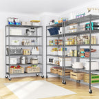 82" H X45 W X18 D Storage Shelves with Wheels, 6 Tier Wire Shelving Adjustable Metal Shelving Pantry Shelves Capacity 1200LBS for Garage Shelving, Pantry, Kitchen, Closet, Black,2P