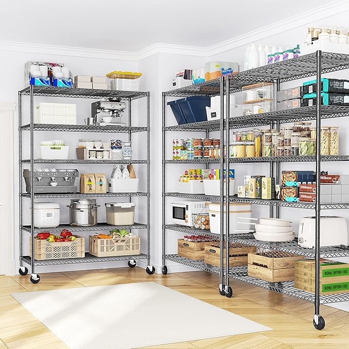 82" H X45 W X18 D Wire Shelving Unit, 6 Tier Adjustable Storage Shelves with Wheels 1200LBS Metal Shelving for Restaurant Garage Pantry Kitchen Closet Commercial,Black