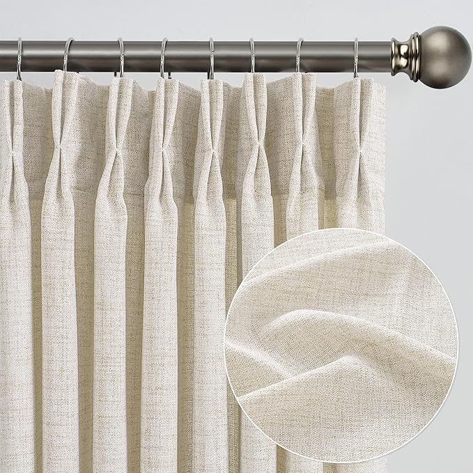 RAIN CITY Long Pinch Pleated Viral Curtains Sheer 108 Inches Long 9 ft FT Length, Back Tab with Hooks Light Blocking Window Draperies for Sliding Glass Door Neutral Earth Tone 42 Wide Natural Color