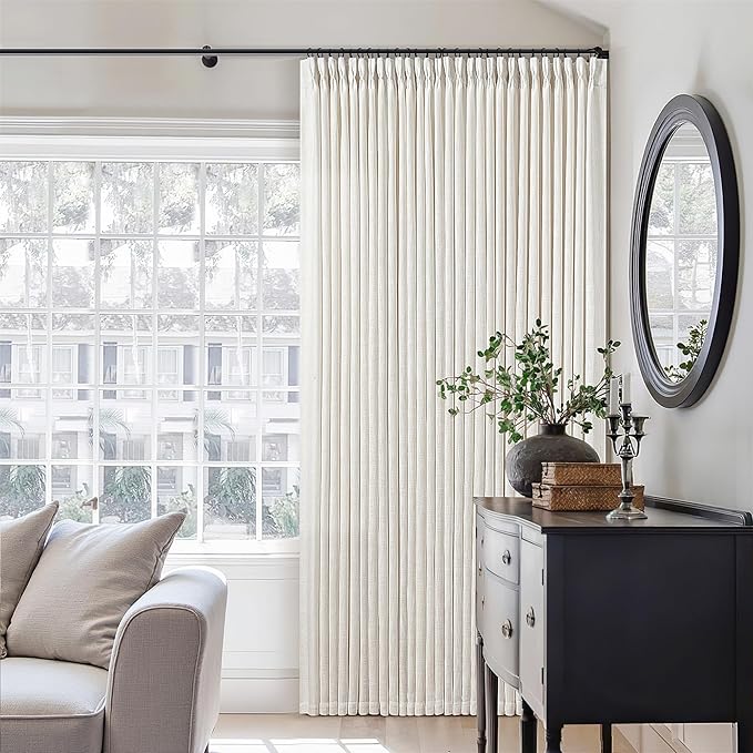 Cream Ivory Extra Wide Pinch Pleat Linen Curtains 84 Inches Long for Living Room Sliding Glass Door 70 Inch Wide Curtain Memory Trained Pleated Drape with Hooks Rings 70x84 Large Window Curtain