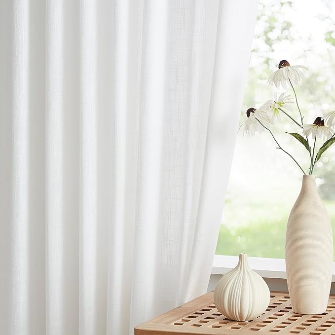 Vision Home White Pinch Pleated Semi Sheer Curtains Textured Light Filtering Window Curtains 95 inch for Living Room Bedroom Patio Rayon Blended Pinch Pleat Drapes with Hooks 1 Panel 60" Wx95 L