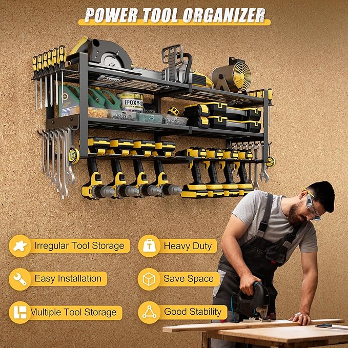 Power Tool Organizer Wall Mount, 3-Tier Tool Storage Rack with 8 Drill Holders, 300LBS Load Heavy Duty Cordless Tool Shelf for Garage Organization, Gift for Men