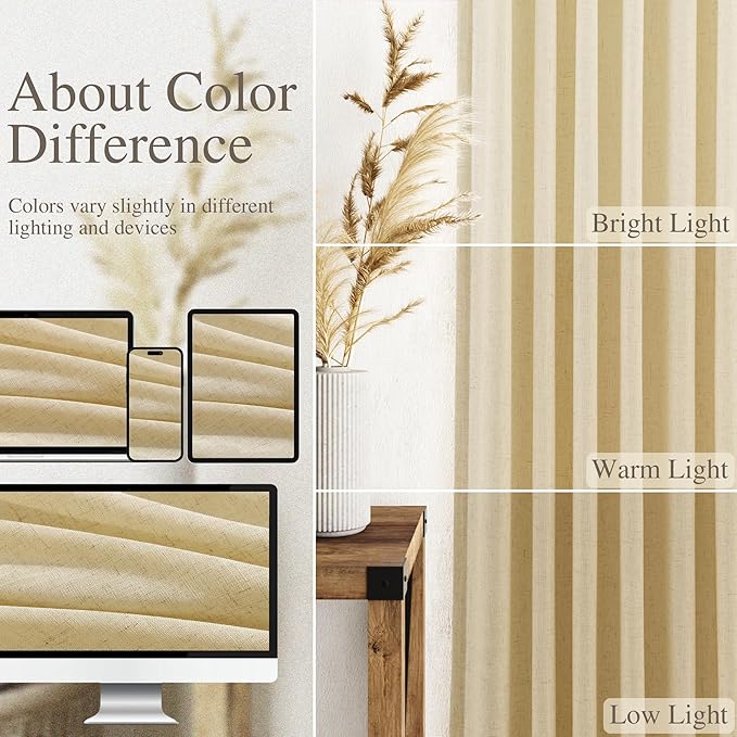 Nanspring Cream Yellow Curtains 72 Inches Long for Living Room Linen Blend Light Filtering Modern Farmhouse Semi Sheer Curtains Back Tab Privacy Neutral Curtain for Bedroom Office 52x72,2 Panels