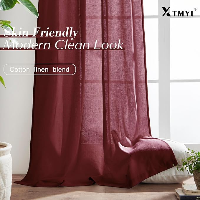 Maroon Wine Red Curtains 96 Inches Long for Living Room 2 Panels Set Linen Hooks Track Solid Regular Xmas Holiday Country Farmhouse Christmas Seasonal Themed Winter Curtains for Dining Room Bedroom
