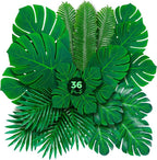 Decopom Palm Leaves Artificial Tropical Monstera 36Pack 6 Kinds Large Small Green Fake Palm Leaf with Stems