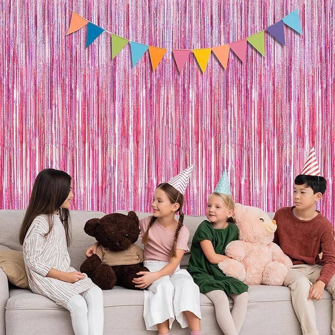 4 Pack Pink Backdrop, 3.28 FT x7.05 FT Foil Fringe Curtains, Metallic Glitter Pink Streamer Fringe Backdrop Foil Curtains, Laser Pink Birthday Party Valentines Day Decorations Bachelorette Decor