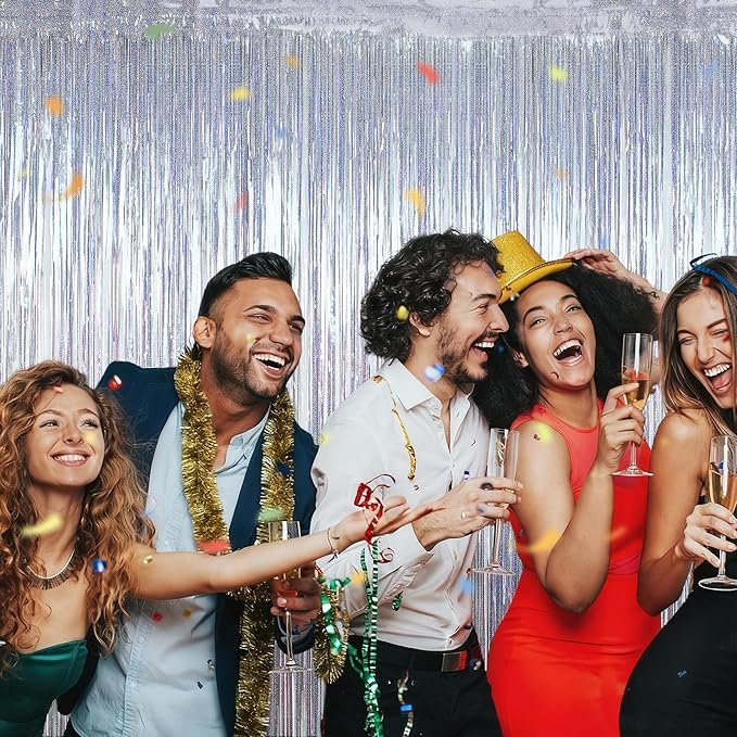 2 Pack Silver Metallic Tinsel Foil Curtains, 3.28 FT x 7.05 FT Glitter Silver Fringe Curtains, New Year Door Streamer Tinsel Backdrop Photo Booth for NYE Party Birthday Engagement Party Decorations