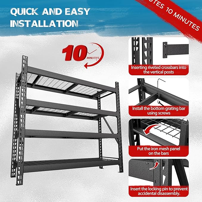 8000LBS 78 "W x 24 "D x 72 "H Garage Shelving, 4-Tier Industrial Iron Shelving Unit Garage Storage Rack for Basement Warehouse, Black