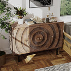 Farmhouse 4-Door Storage Cabinet, Accent Sideboard Buffet Cabinet with Circle Pattern and Radioactive Wood Lines, for Living Room, Dining Room, Bedroom, Brown