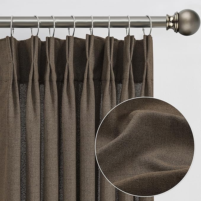 Brown Pleated Linen Curtains 45 Inches Long Farmhouse Semi Sheer Memory Trained Shape Pinch Pleat Drapes with Hooks Back Tab Ripple Fold Curtain for Bedroom Living Room 42x45