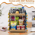 Chip Rack Display Stand, 6 Tiers 50 Clips Snack Organizer, 360° Rotating Wood Base Candy Display Rack, Portable Retail Display Shelf for Countertop, Office, Store, Kitchen, Party