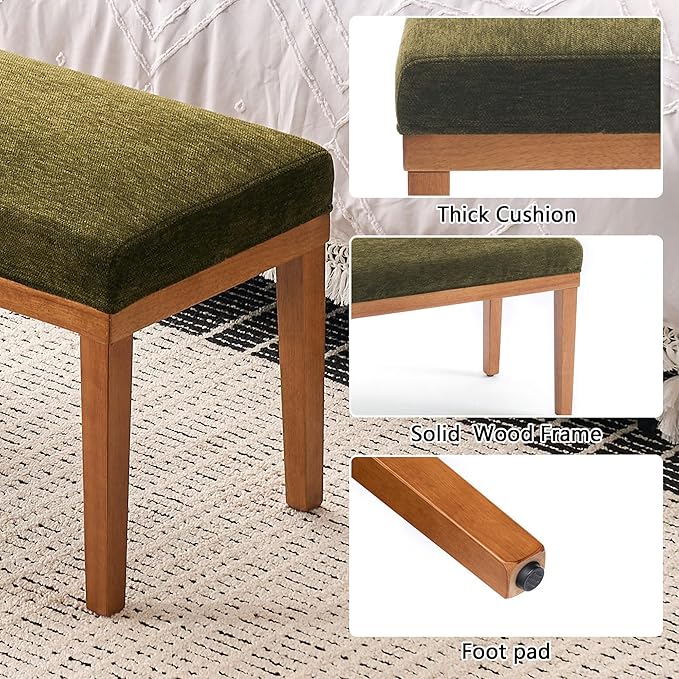 Rowill 53 Inch Long Entryway Bench for Bedroom End of Bed, Dining Room Bench with Upholstered Padded Seat and Solid Wood Leg for Kitchen, Living Room, Indoor and Hallway, Green