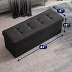 Ornavo Home Foldable Tufted Linen Large Storage Ottoman Bench Foot Rest Stool/Seat - 15" x 45" x 15" (Black)
