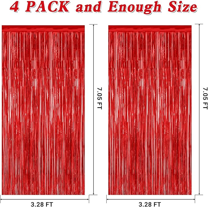4 Pack Red Backdrop, 3.28 FT x 7.05 FT Party Streamer, Valentines Day Metallic Birthday Tinsel Backdrop Foil Fringe Curtains, Door Streamer for Red Party Decorations Casino Decor Photo Booth Props
