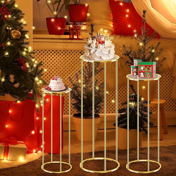 3PCS Gold Metal Cylinder Pedestal Stands - Round Plant Display Columns for Party Decor, Floral Arrangements, Vase Displays, Birthday Wedding Backdrop Decorations