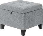 Adeco 17" Square Ottoman with Storage, Small Grey Storage Ottoman Foot Rest with Hinged Lid & Solid Wood Legs, Linen Fabric Foot Stool for Living Room & Bedroom