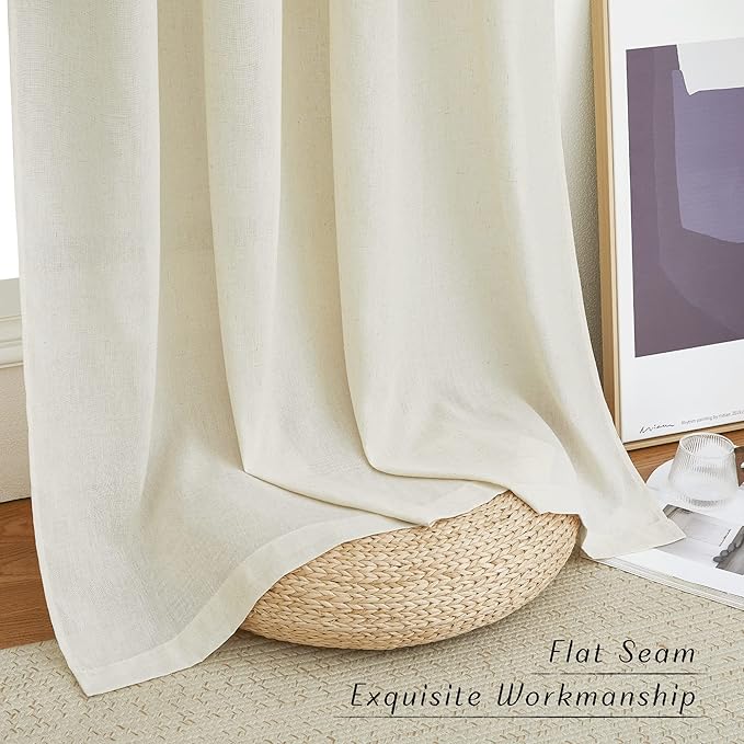 NICETOWN Kitchen Window Curtains 45 inch Long, Linen Texture Rod Pocket Rustic Privacy Drapes Semi Sheer with Light Filtering for Basement/Bathroom, Off White, W55 x L45, 2 Panels